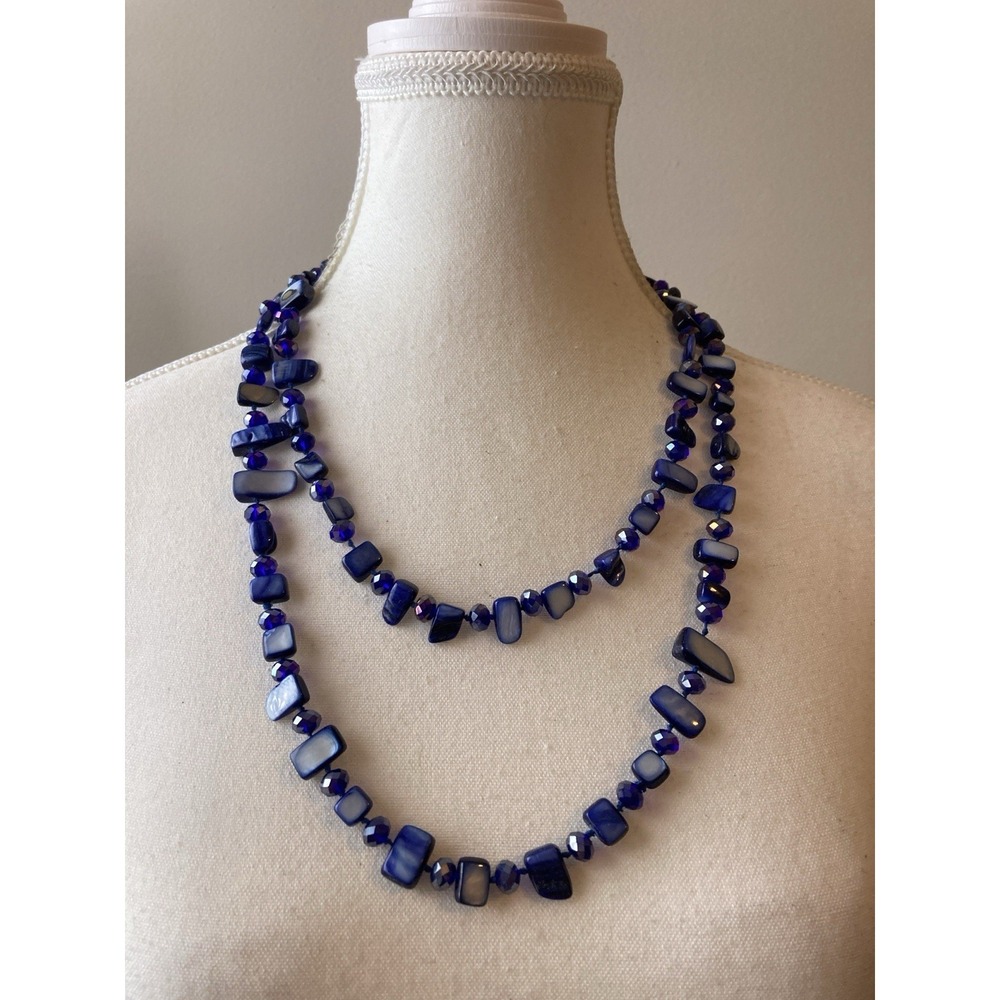 Cobalt Blue Double Strand Beaded Necklace Glass & Shell Chip Beads Artsy